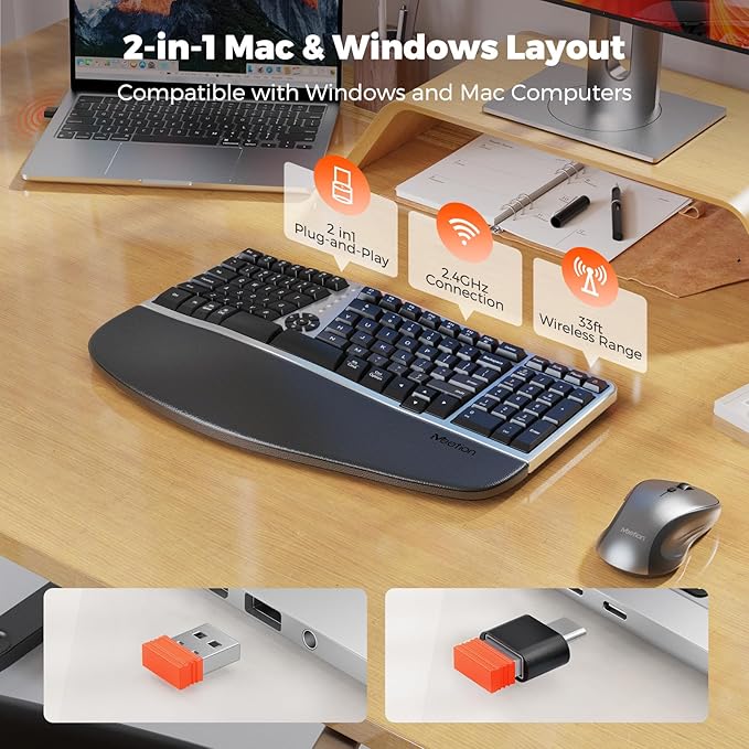 MEETION Ergonomic Wireless Keyboard and Mouse Combo, 2.4G Curved Compact Keyboard with Cushioned Palm Rest, 4 Level DPI Adjustable Wireless Mouse, for Windows/Mac/Desktop/Laptop/PC, Gray Black