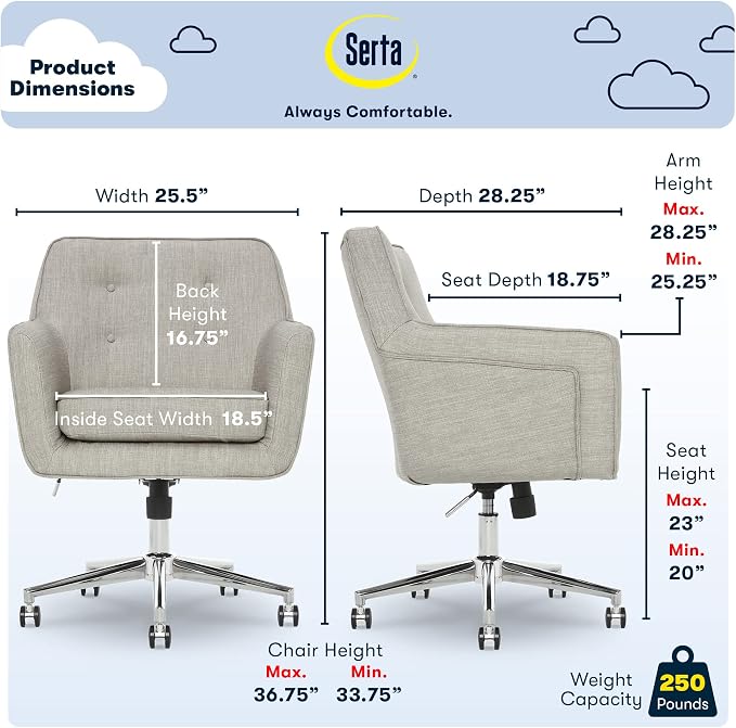 Serta Ashland Home Office Desk Chair with Button Tufted Mid-Back, Memory Foam Cushion and Padded Arms, Mid Century Modern Vanity Armchair with Wheels for Bedroom, Chrome Metal Base, Light Gray