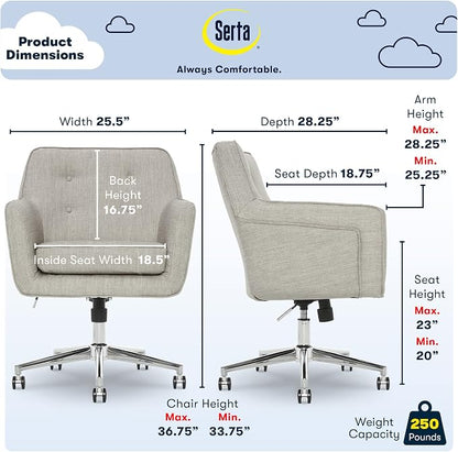 Serta Ashland Home Office Desk Chair with Button Tufted Mid-Back, Memory Foam Cushion and Padded Arms, Mid Century Modern Vanity Armchair with Wheels for Bedroom, Chrome Metal Base, Light Gray