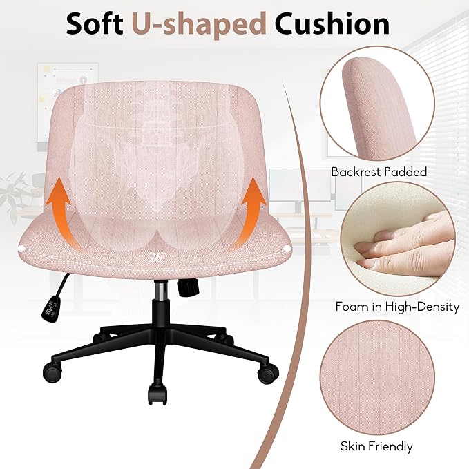 SUNLEI Cross Legged Office Chair with Wheels, Armless Wide Chair's for Vanity Desk, Criss Cross Comfy Chairs with Back, Desk Chair/s of Height Adjustable Swivel, Pink