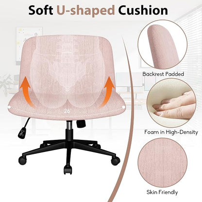 SUNLEI Cross Legged Office Chair with Wheels, Armless Wide Chair's for Vanity Desk, Criss Cross Comfy Chairs with Back, Desk Chair/s of Height Adjustable Swivel, Pink