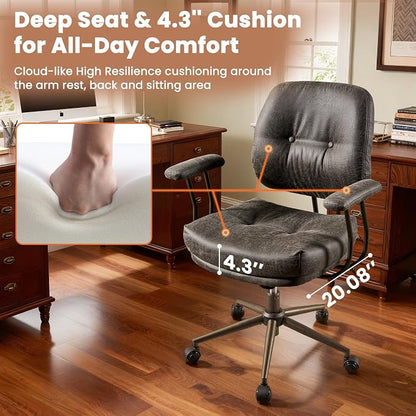 Leather Home Office Chair, Mid Back Ergonomic Desk Chair with Lumbar Support, Mid Century Modern Deep Seat Swivel Rocking Computer Chair, Dark Gray
