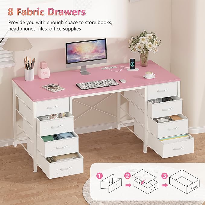 YOMILUVE 50 Inch Computer Desk with 8 Drawers, Home Office Desk with Power Outlets, Work Study Gaming Desk with 8 Fabric Drawers, Pink