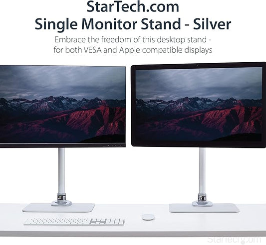 StarTech.com Single Monitor Stand, Adjustable, Supports UHD, iMac and Apple Thunderbolt Displays from 12'' to 34" (30.9lb/14kg), Premium Single Screen VESA Monitor Mount Stand, Silver, TAA