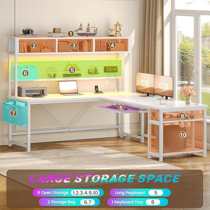 SEDETA White L Shaped Gaming Desk, Reversible Corner With Power Outlet and Pegboard, Hutch, Storage Shelf, Keyboard Tray, and LED Lights for Home Office
