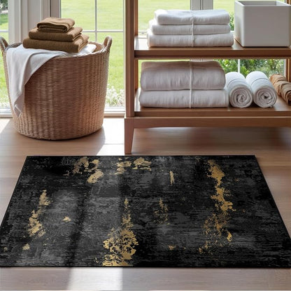 RELEANY Washable Area Rugs 2'x3' Non-Slip Modern Abstract Soft for Living Room Entryway Bedroom Kitchen, Print Pattern, Dark Black Gold