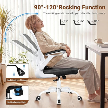 BESTFAIR Ergonomic Office Chair, Mesh Computer Chairs with Lumbar Support, Swivel Desk Chair with Flip-up Arms and Adjustable Height, White