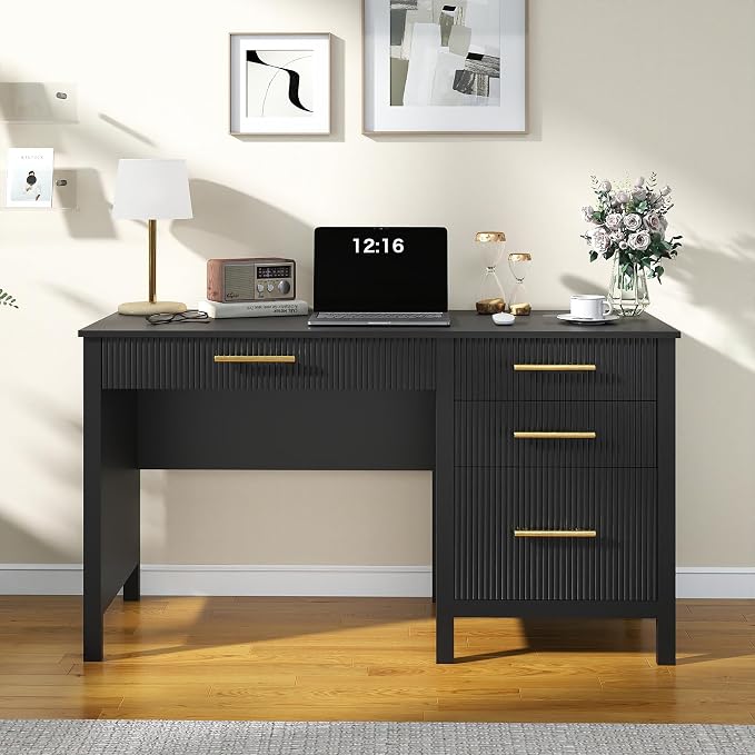 Modern Executive Desk with Drawers: 54 Inch Black Home Office Desks with File Drawer, Wood Fluted Desk with Storage, Writing Computer Desks with 4 Drawers