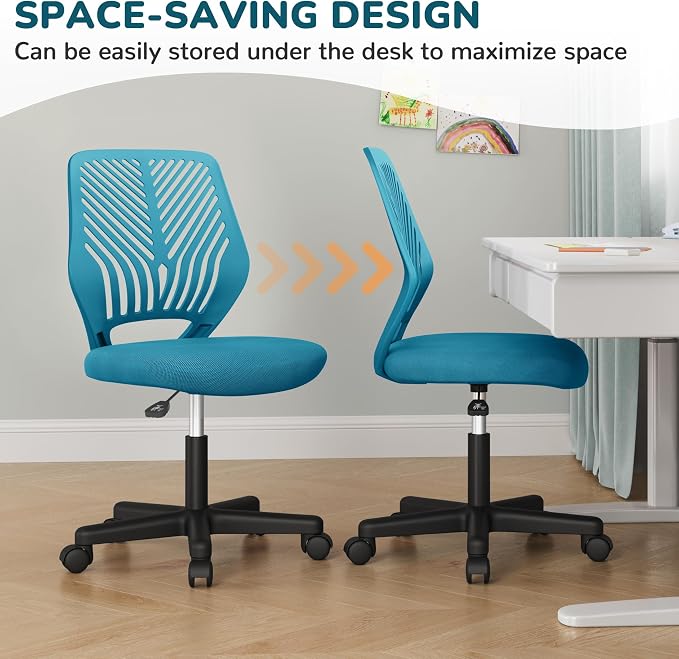 Topeakmart Armless Office Chair, Ergonomic Task Chair with Lumbar Support Adjustable Height, Modern Study Chair for Small Space, Turquoise