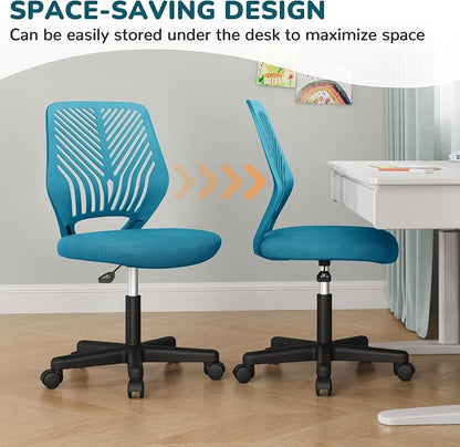 Topeakmart Armless Office Chair, Ergonomic Task Chair with Lumbar Support Adjustable Height, Modern Study Chair for Small Space, Turquoise