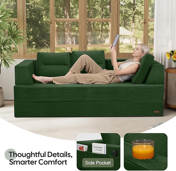 COMAX Futon Sofa Bed Queen, 79" Convertible Sofa Bed Couches for Living Room, 4 in 1 Folding Boneless Sleeper Corduroy Couch Loveseat Foam In a Box, Comfy Foldable Lounge Fold Out Floor Mattress Green