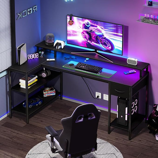 DUMOS 53" Gaming Desk with USB Charging Ports & LED Lights, Reversible L-Shaped Corner Computer Table for Small Spaces, Power Outlets, Monitor Stand & Storage Shelves Included, Black
