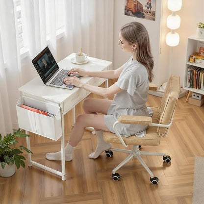 OLIXIS 32 Inch Small Desk with Fabric Drawers for Home Office, Gaming Computer Desk with Side Bag & Headphone Hook, Writing Study Work Table for Bedroom Small Space, White