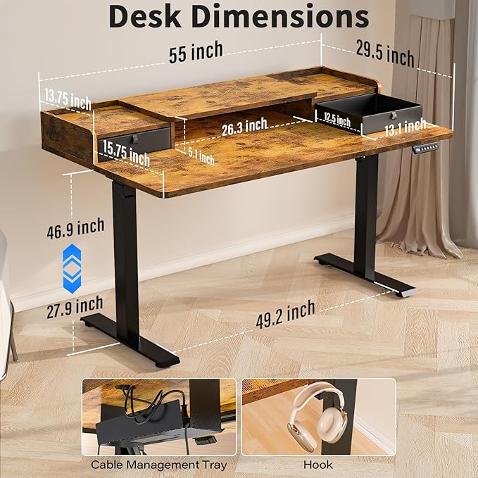Kingant 55 x 30 Inch Electric Standing Desk with Dual Drawers, Adjustable Height Computer Desk for Home Office, Large Workstation Sit Stand Up Desk with Built-in Storage Shelf, Rustic Brown
