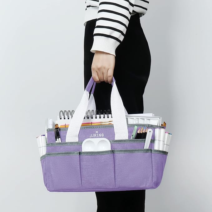 JJRING Craft Organizer Tote Bag, Art Storage Caddy with Multiple Pockets, Lilac Sewing Bag for Art, Craft, Scrapbooking, Medical, and Office Supplies Storage