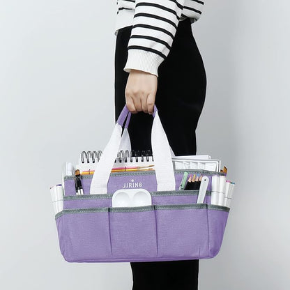 JJRING Craft Organizer Tote Bag, Art Storage Caddy with Multiple Pockets, Lilac Sewing Bag for Art, Craft, Scrapbooking, Medical, and Office Supplies Storage