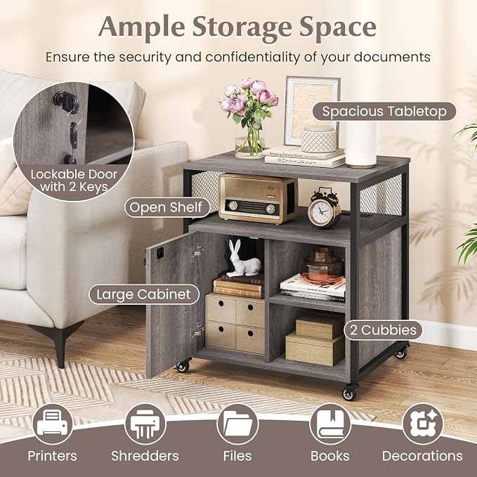 Giantex File Cabinet, Lateral Filing Cabinet with Lock, Wheels, Charging Station, Cable Hole, Lockable Side Cabinet, Adjustable Shelves, Metal Frame, Printer Stand for Home Office Small Space (Grey)