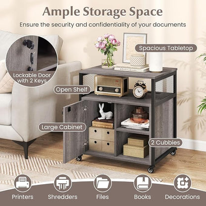 Giantex File Cabinet, Lateral Filing Cabinet with Lock, Wheels, Charging Station, Cable Hole, Lockable Side Cabinet, Adjustable Shelves, Metal Frame, Printer Stand for Home Office Small Space (Grey)