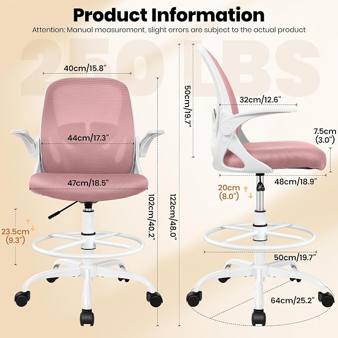Primy Drafting Chair Tall Office Chair with Flip-up Armrests Executive Ergonomic Computer Standing Desk Chair with Lumbar Support and Adjustable Footrest Ring (Rose Quartz)