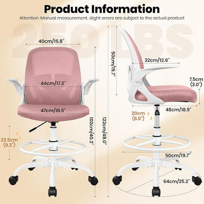 Primy Drafting Chair Tall Office Chair with Flip-up Armrests Executive Ergonomic Computer Standing Desk Chair with Lumbar Support and Adjustable Footrest Ring (Rose Quartz)