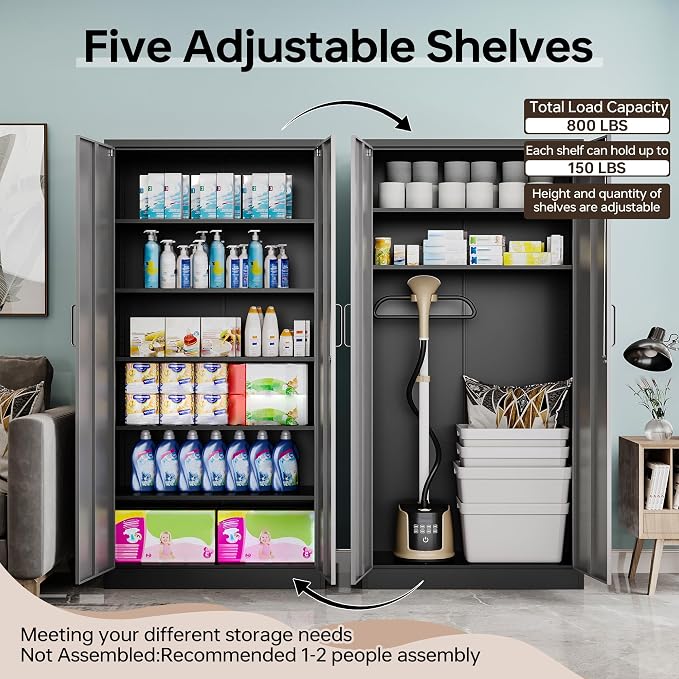 Metal Storage Cabinet with Lock,71" Garage Cabinets with 2 Doors and 4 Adjustable Shelves, Steel Locking Caninets Tall Tool Storage Caninet, Lockable File Cabnet for Home Office, Pantry