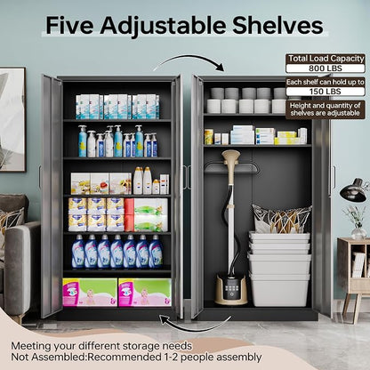 Metal Storage Cabinet with Lock,71" Garage Cabinets with 2 Doors and 4 Adjustable Shelves, Steel Locking Caninets Tall Tool Storage Caninet, Lockable File Cabnet for Home Office, Pantry
