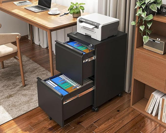 Approgreent 2 Drawer Metal File Cabinet, Fully Assembled Locking Filing Cabinet with Anti-Tipping Wheels, Quiet Slide, Heavy-Duty Steel Construction, Fits A4 Letter Legal for Home Office, Matte Black