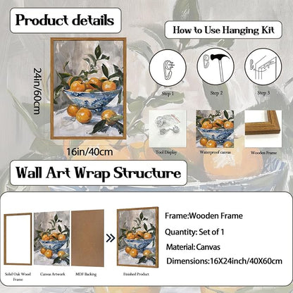 Framed Vintage Oranges Canvas Wall Art, Rustic Kitchen Pictures Wall Decor, Cottagecore Farmhouse Fruit Still Life Paintings Prints Antique Home Decor for Living Room Dining Room 16x24 inch
