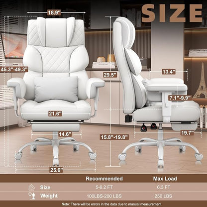 Vonesse Big and Tall Office Chair, Desk Chair with Soft Adjustable Armrests, Ergonomic High Back Gaming Chair with Lumbar Support, Executive Computer Chairs with Footrest (PU Leather,White)