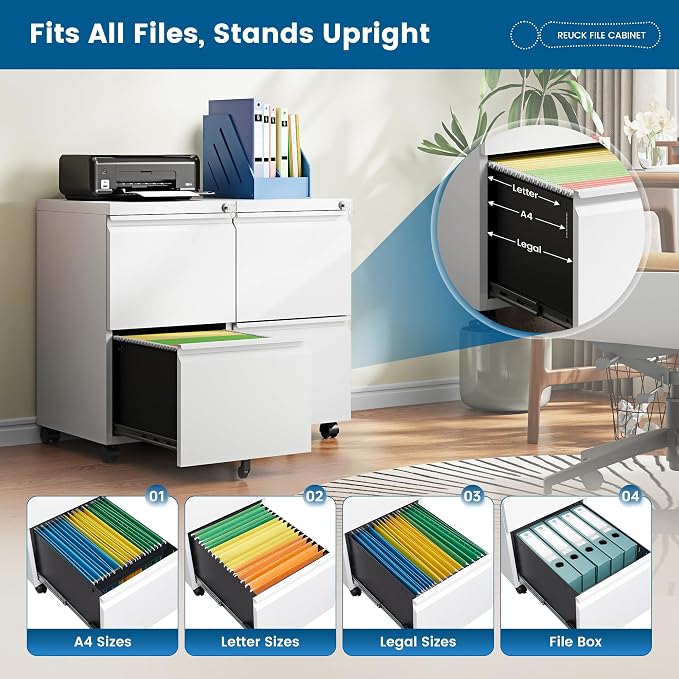 PEUKC 2 Drawers Mobile File Cabinet with Lock, Under Desk Rolling File Cabinet for Home Office, Organizes Letter Legal A4 Files, White(Pre-Assembled)