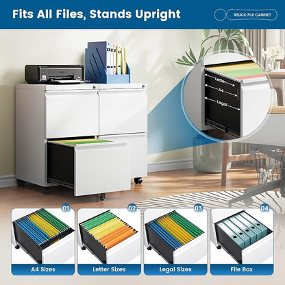 PEUKC 2 Drawers Mobile File Cabinet with Lock, Under Desk Rolling File Cabinet for Home Office, Organizes Letter Legal A4 Files, White(Pre-Assembled)