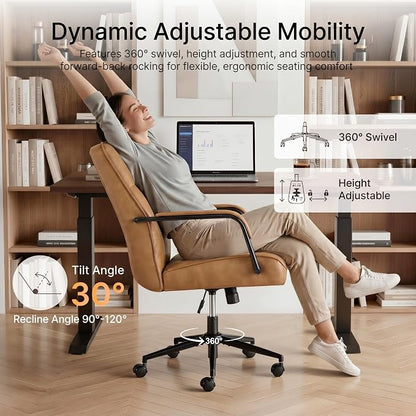 KISLOT Ergonomic Home Office Chair with Lumbar Support, Adjustable Swivel Modern Desk Chair with Wheels, Faux Leather Computer Chair with Padded Arms, Comfy Executive Office Chair, Camel Brown