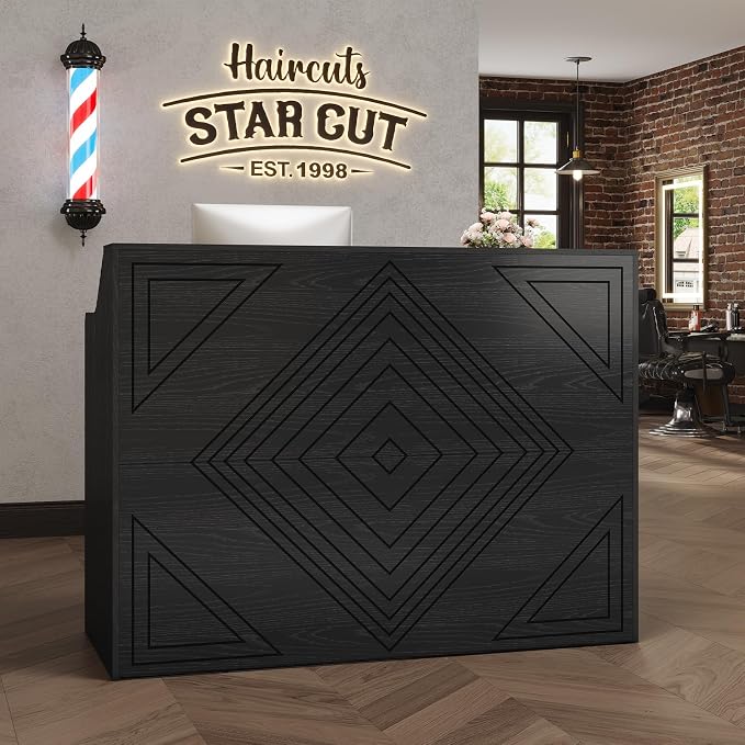 Reception Desk with Counter, Front Desk with 3 Drawers and Storage Cabinet, 47 inch Modern Retail Counter with Cable Grommet for Checkout, Barber, Beauty Salon, Home Office