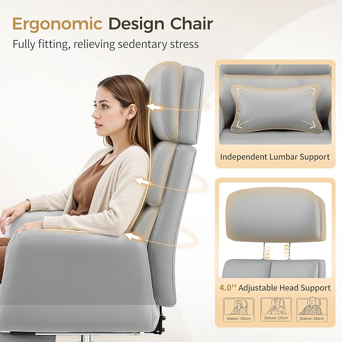 Big and Tall Office Chair 500LBS, Ergonomic High Back Leather Executive Chair, Reclining Swivel with Adjustable Armrests Lumbar Support Footrest, Cross Legged, Light Gray