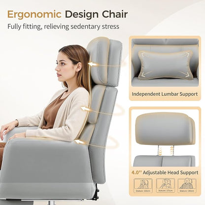 Big and Tall Office Chair 500LBS, Ergonomic High Back Leather Executive Chair, Reclining Swivel with Adjustable Armrests Lumbar Support Footrest, Cross Legged, Light Gray