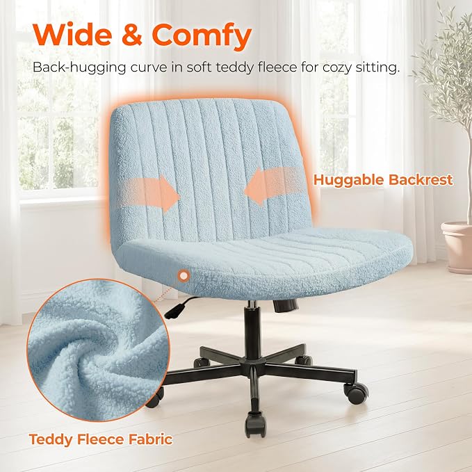 Orange Factory Criss Cross Chair Wheels Vanity Chair Office Desk Comfy Wide Cross Legged Armless Teddy Fabric Adjustable Swivel for Home Computer Task (Blue, Teddy Fleece)