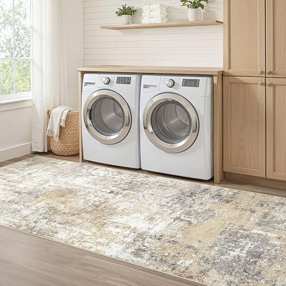 Runner Rug Kitchen Washable Rugs: 2x10 Non-Slip Abstract Soft Modern Stain Resistant Indoor Floor Neutral Accent Throw Carpet for Hallway Bathroom Laundry Room Entryway Bedroom- Gray Gold