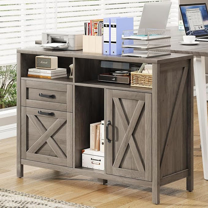 Befrases Farmhouse File Cabinet with Doors, Lateral Filing Cabinet with 2 Drawers for Letter/A4 Size Hanging Files, Large Wooden Printer Stand with Open Shelf for Home Office, Rustic Grey