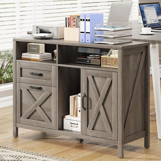 Befrases Farmhouse File Cabinet with Doors, Lateral Filing Cabinet with 2 Drawers for Letter/A4 Size Hanging Files, Large Wooden Printer Stand with Open Shelf for Home Office, Rustic Grey