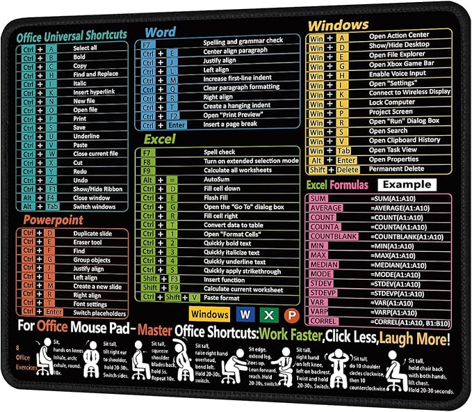 Compact Shortcut Master Mouse Pad - Essential Excel, Word, PowerPoint & Windows Cheat Sheet for Office Efficiency,Non-Slip, Waterproof Desk Mat for Small Spaces, Beginners & Secretaries