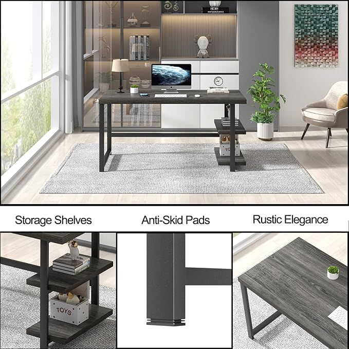 FOLUBAN Home Office Desk, Modern Computer Desk with Storage Shelf, Wood Study Writing Gaming Table for Bedroom Living Room, Industrial Dark Gray, 53 Inch