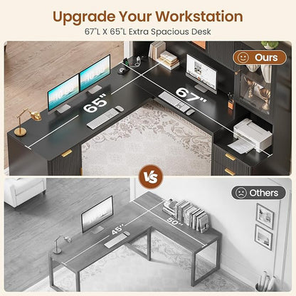 SEDETA 67" x 65" L Shaped Desk with Hutch, RGB LED Corner Computer Desk with Power Outlets, Fluted Home Office Desk with File Drawer, Storage & Glass Display Cabinets for Gaming & Working, Black