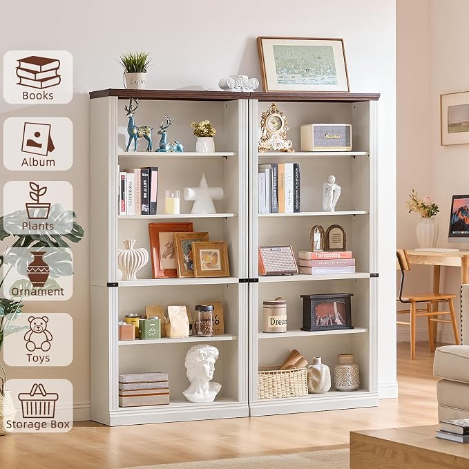 RWYHG 70" White Tall Bookshelf Set of 3,5-Tier Thick Wooden Book Shelf with Adjustable Shelves,Free Standing Farmhouse Bookcase with Open Display Storage,Floor Vintage Bookshelves for Living Room
