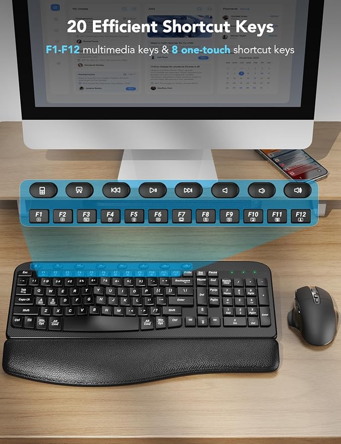 SABLUTE Wireless Keyboard and Mouse Combo – Ergonomic Wave Key, Built-in Leather Soft Palm Rest, 2.4G Full Size, 6-Button Mouse with 4-Level DPI, Dual USB-A/USB-C, MA12 for Windows & macOS Compatible