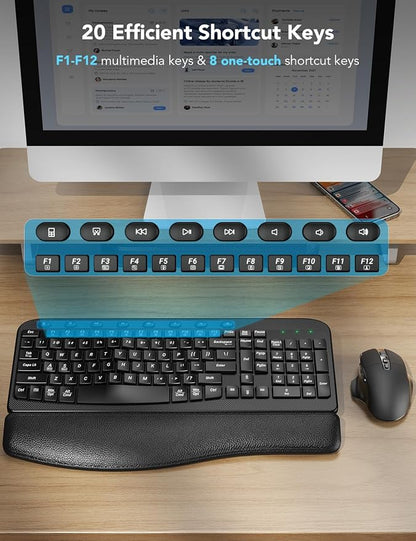 SABLUTE Wireless Keyboard and Mouse Combo – Ergonomic Wave Key, Built-in Leather Soft Palm Rest, 2.4G Full Size, 6-Button Mouse with 4-Level DPI, Dual USB-A/USB-C, MA12 for Windows & macOS Compatible