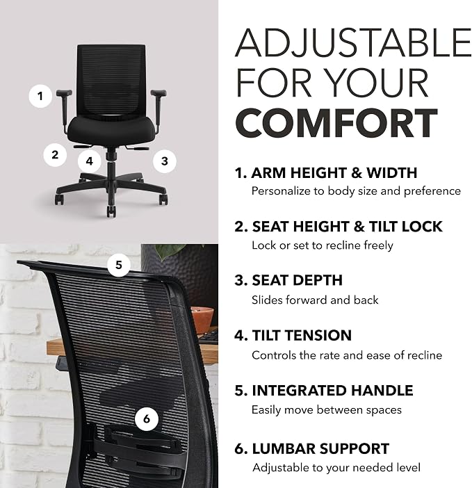 HON Convergence Ergonomic Office Chair with Mesh Back, Adjustable Arms, Lumbar Support, Synchro‑Tilt Desk Chair with Wheels for Home Office or Computer Use, Black Frame, Black