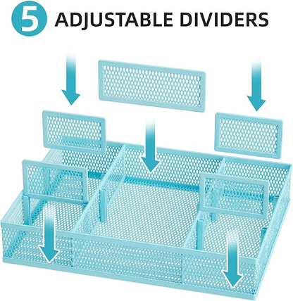 Marbrasse 2 Pack Desk Drawer Organizer, Mesh Drawer Organizer Tray with 8 Adjustable Compartments, Desk Organizers and Accessories, 5 Dividers Drawer for Office Supplies, Makeup & Vanity (Blue)