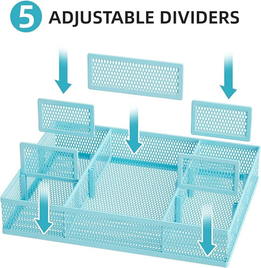 Marbrasse 2 Pack Desk Drawer Organizer, Mesh Drawer Organizer Tray with 8 Adjustable Compartments, Desk Organizers and Accessories, 5 Dividers Drawer for Office Supplies, Makeup & Vanity (Blue)