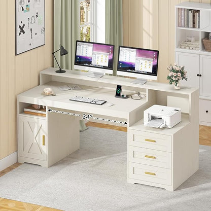 TVU Farmhouse Computer Desk with Drawers, 65'' Home Office Desk with Power Outlets, Storage Cabinet and Printer Stand, Study Writing Desks with Long Monitor Stand, White