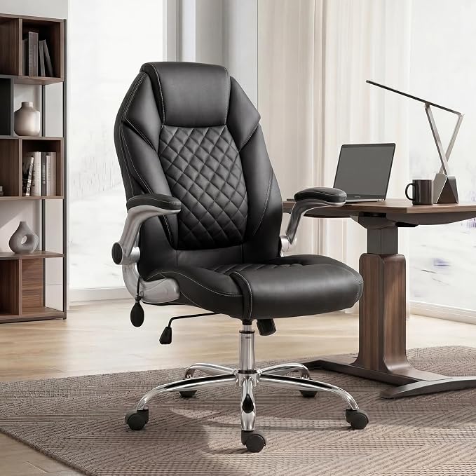 NEO CHAIR Executive Office Chair High Back Ergonomic Computer Desk Chair with Adjustable Lumbar Support Padded FILP-up Arms PU Leather Comfy Task Tilt Swivel for Home (Black)